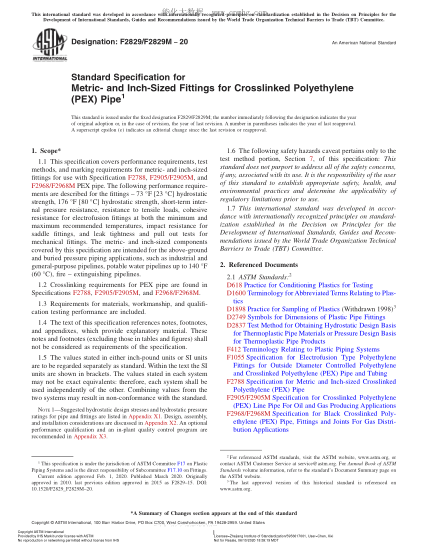 ASTM F2829/F2829M-2020 Standard Specification for Metric- and Inch-Sized Fittings for Crosslinked Polyethylene (PEX) Pipe